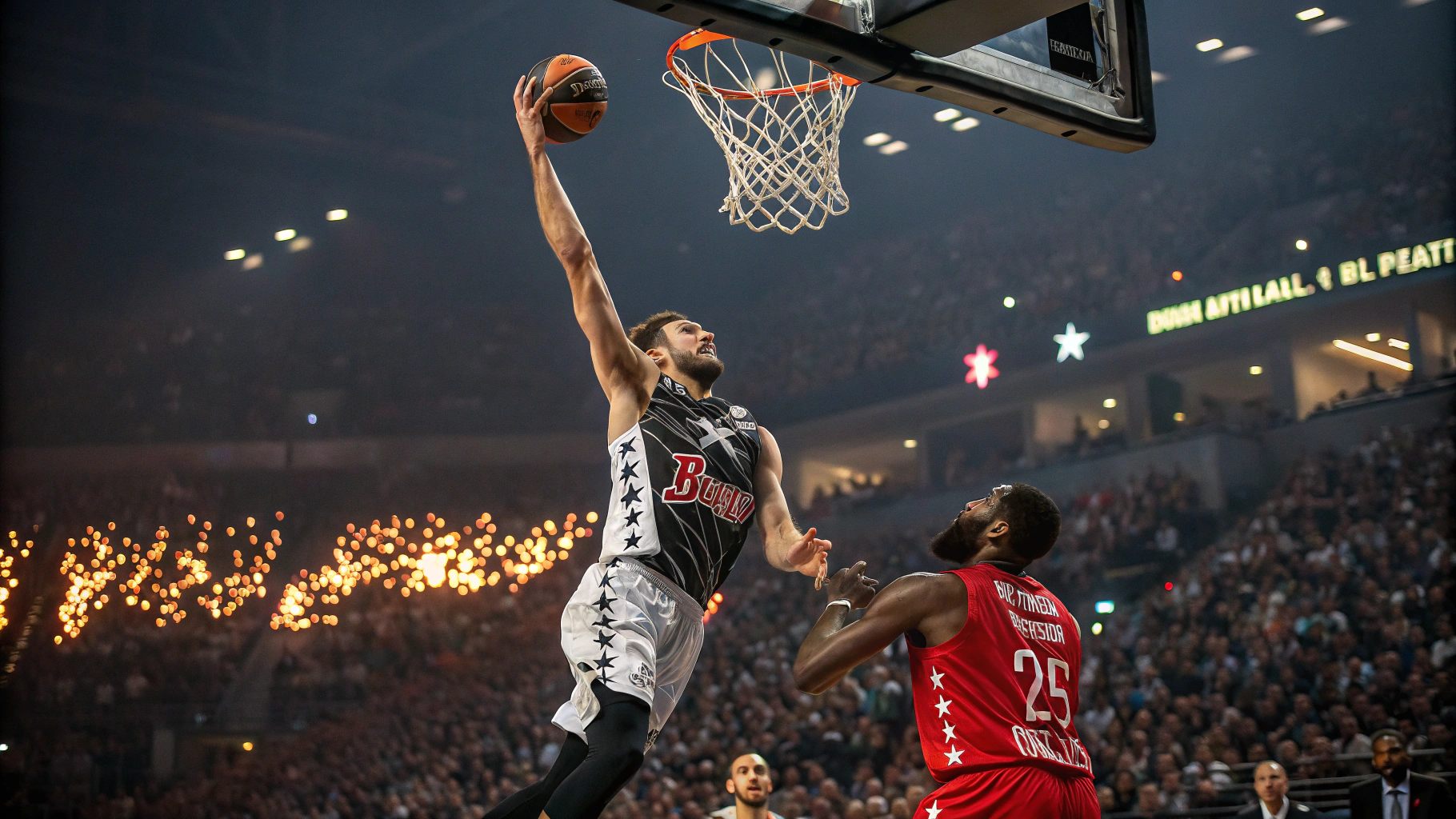 AI generated image by Red Panda AI: create image of basketball player in partizan belgrade jersey dunking over red star player and crowds lighting torches 