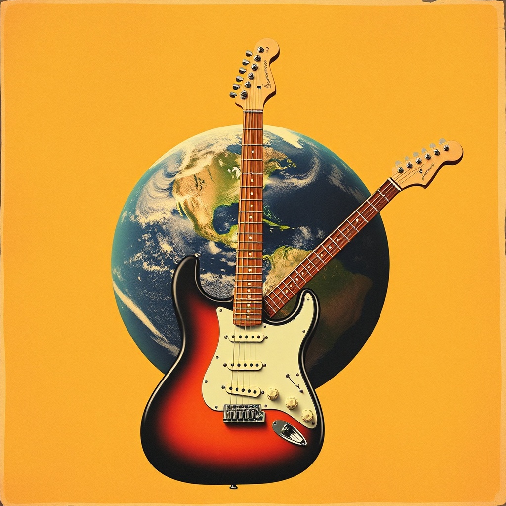 AI generated image by FLUX.1-schnell: Create a retro funk'70s album cover for the song called "heard round of the world" with a Stratocaster guitar with an earth behind it and