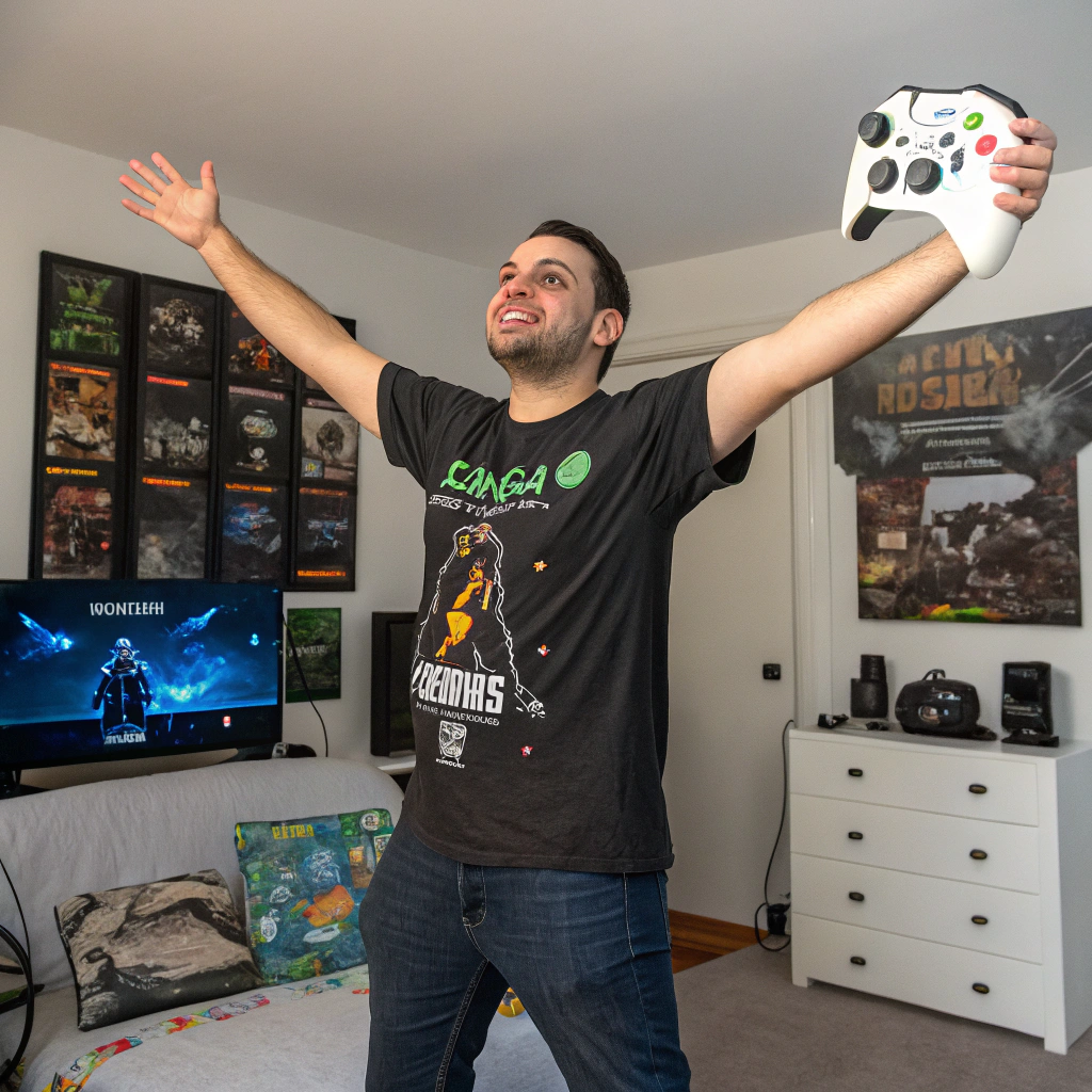 AI generated image by Red Panda AI: Una imagen realista de un hombre de 28 años con los brazos abiertos de pie con una camiseta alusiva a videojuegos con un control de xbox  en su mano derecha en una habitación con decoración de videojuegos