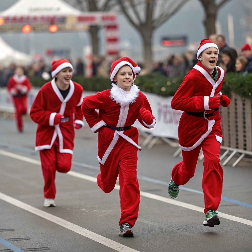 AI generated image by Red Panda AI: GENERA UNA IMAGEN DE UN GRUPO DE ADOLESCENTES VESTIDOS DE PAPÁ NOEL EN UNA CARRERA
