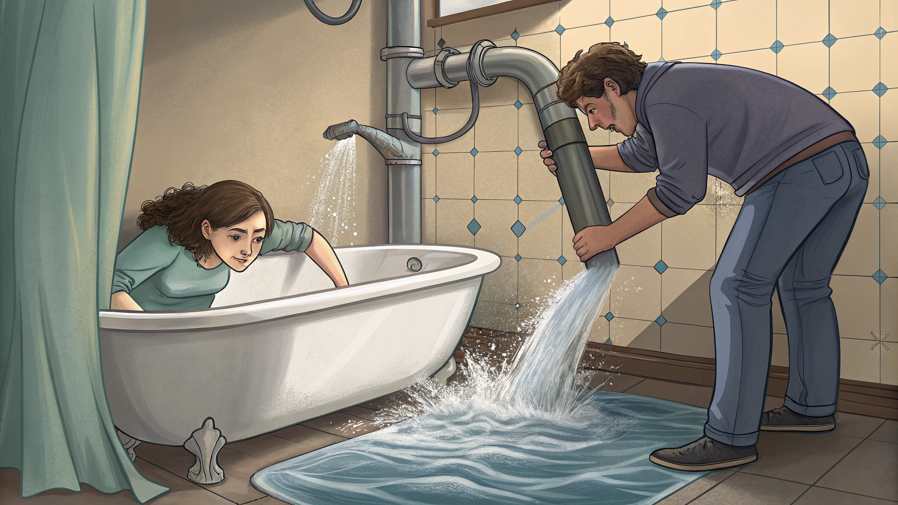 AI generated image by Red Panda AI: trying to fill a bathtub while someone else is draining it through a much larger pipe