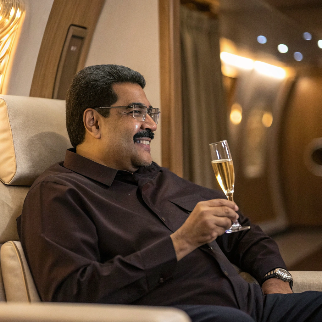 AI generated image by Red Panda AI: nicolas maduro sentado con lentes agusto con una champania en la mano 