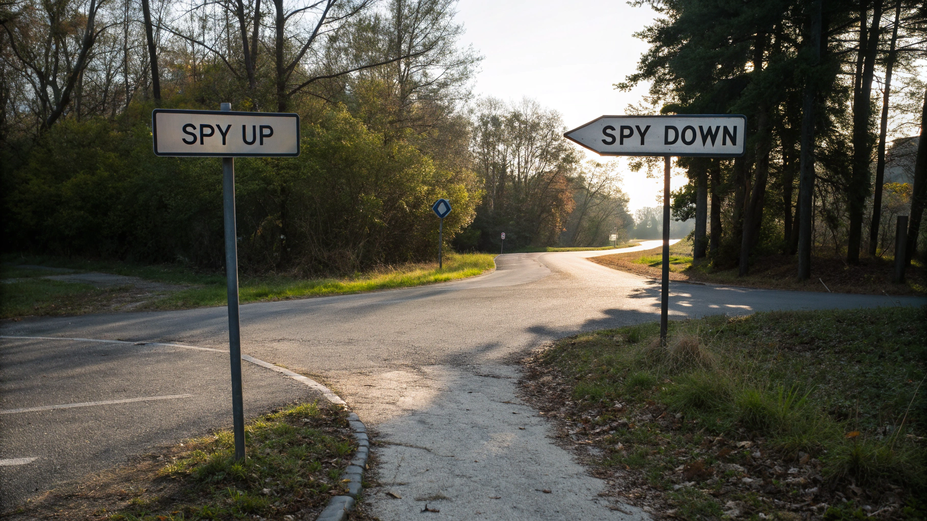 AI generated image by Red Panda AI: a fork in the road.  the road splits.  two directions.  one sign says "SPY UP", another sign says "SPY DOWN"