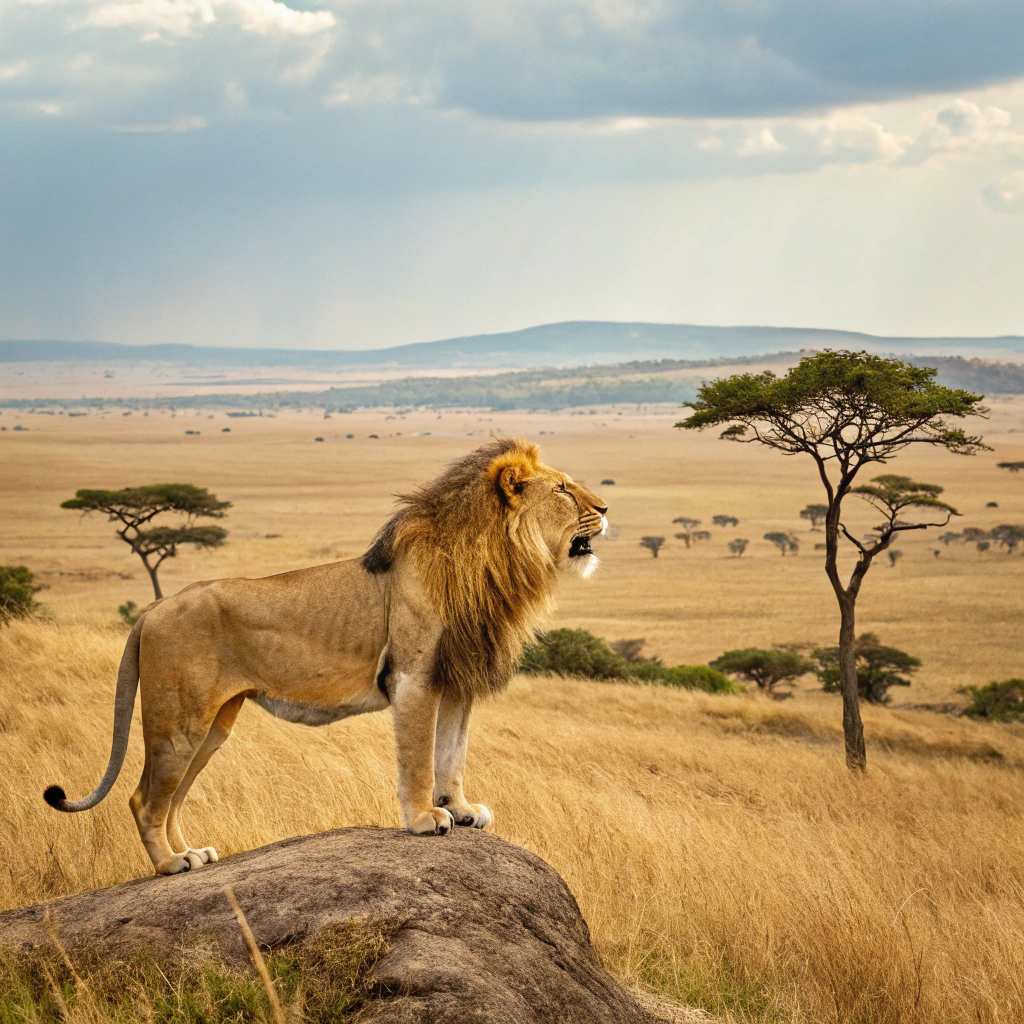 AI generated image by FLUX.1-schnell: Create a photo realistic image of a majestic male lion with the serrengetti in the background 