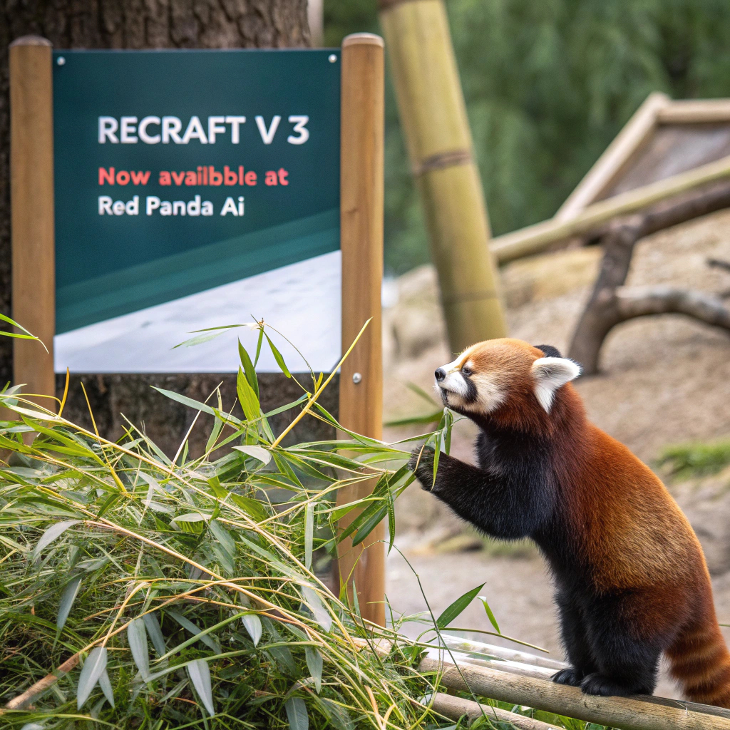 AI generated image by Red Panda AI: a red panda eating a bamboo in front of a poster that says "recraft V3 now available at red panda ai
