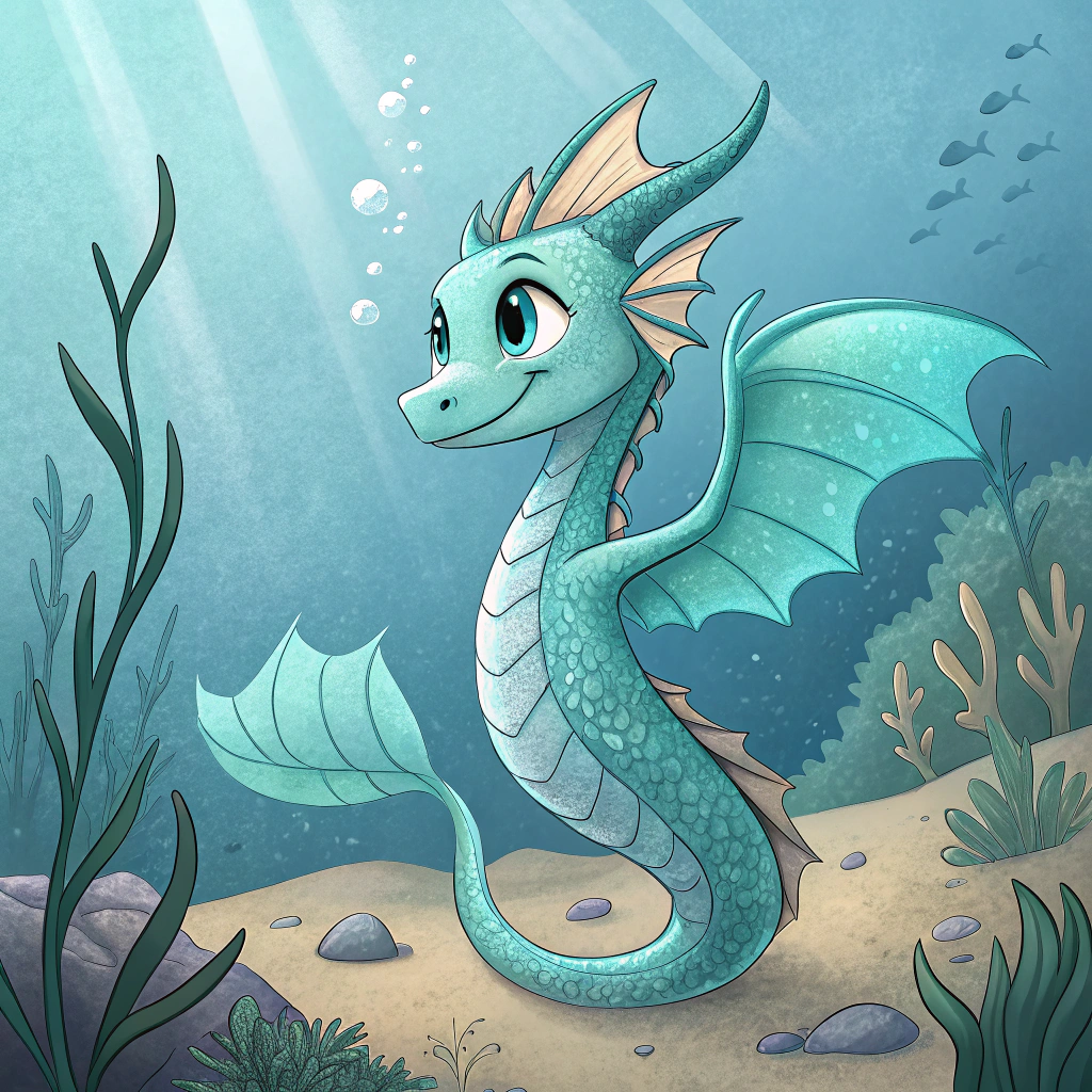 AI generated image by Red Panda AI: Finn, the Sea Dragon

Appearance: Finn is small, sleek, and agile, with a soft, friendly face that shows his kindness and curiosity. His body is a mix of smooth, aquamarine scales with lighter, pearlescent undersides, making him look like he belongs to the sea. His tail is finned like a fish, but the end splits into two delicate flukes, almost like a dolphin’s.

Unique Features: He has small but elegant webbed “horns” that flow backward, looking like miniature fins, and his eyes are large and expressive, glowing a gentle sea-green or blue. Finn has frilled gills along his neck that flare out when he’s excited or swimming fast.

Accessories: Maybe he wears a small, simple necklace or amulet gifted by Guo or Marina as a reminder of his guardian role.