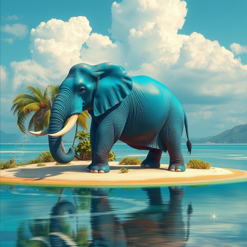 AI generated image by FLUX.1-schnell: Ein hellblauer Elefant steht auf einer Insel mit einer großen Kokosnusspalme und spritzt Regenbogenwasser