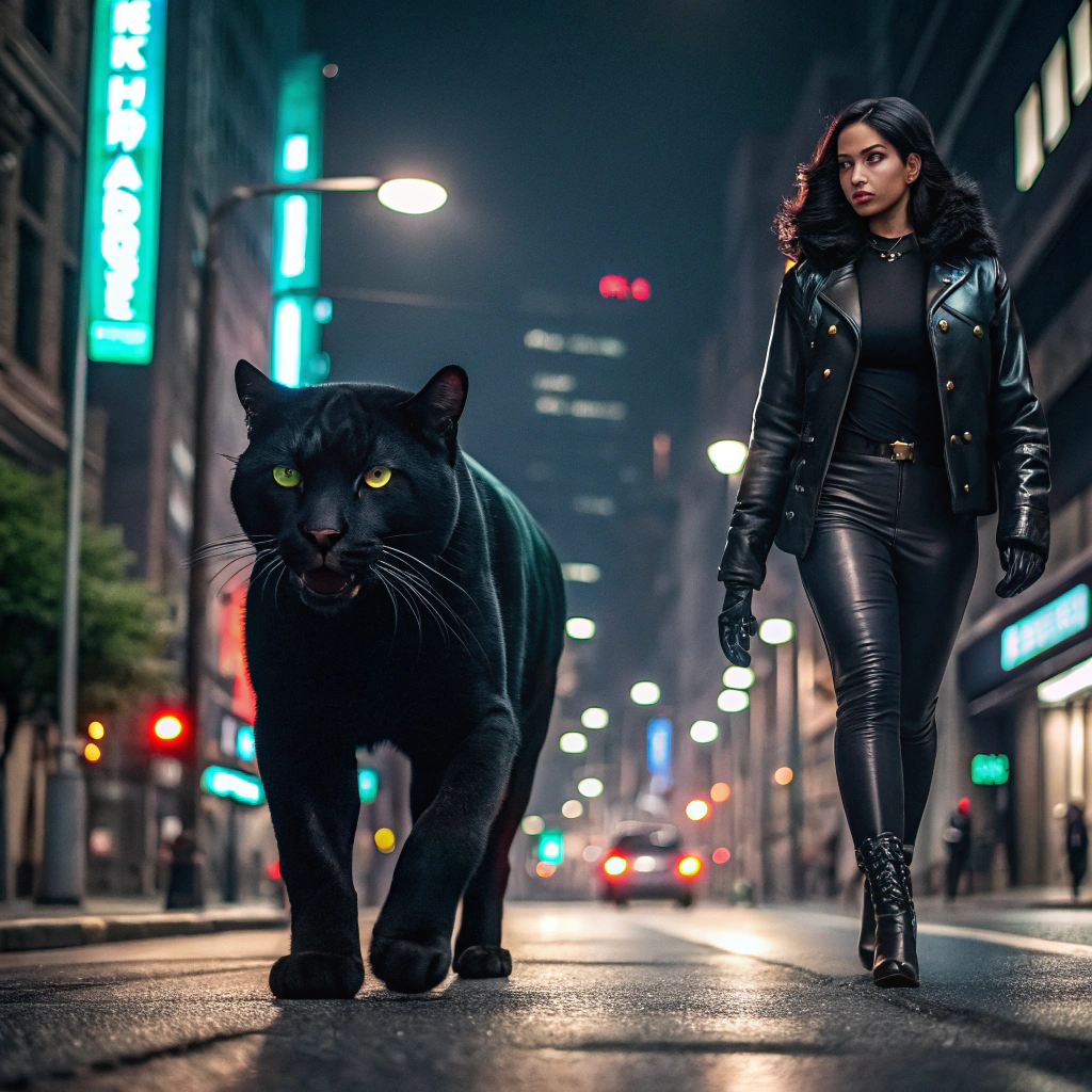AI generated image by Red Panda AI: It is night time on a city street and a stunningly beautiful scene of a black panther with luxurious fur and emerald green eyes, he is walking sinously along a city street in a futuristic city his fierce gaze is directed at the camera and beside him is a fabulous female dressed in black leather and black leather high boots and her hair is black and looks like tendrils alive in the glow of the city lights and her lips are red and pouting at the camera they  look fabulous in the diffused lighting of the futuristic city at night