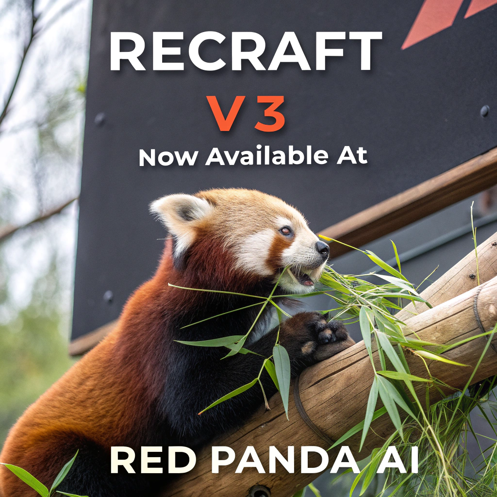 AI generated image by Red Panda AI: a red panda eating a bamboo in front of a poster that says "recraft V3 now available at red panda ai