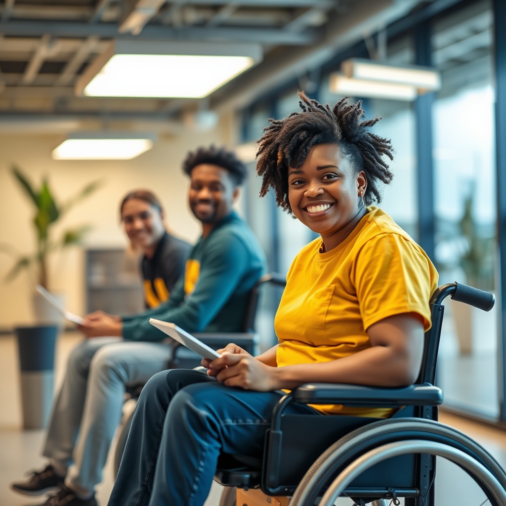 AI generated image by FLUX.1-schnell: young disabled workers of color in a modern office