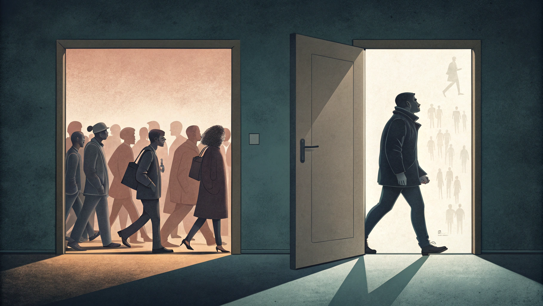 AI generated image by Red Panda AI: Create an image with two doors, one wide, very wide door on the left side and the other narrow door on the right side. Through the wide door silhouettes of many people are seen before the door, before crossing the door, and through the narrow, small, narrow door a single person is seen before crossing the door.