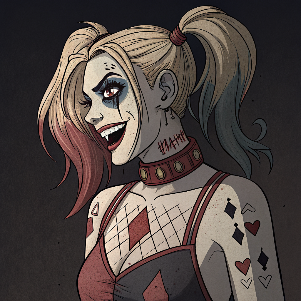 AI generated image by Red Panda AI: ilustracion de Harley Quinn estilo caricatura oscura, estética gótica, expresión loca y caótica, maquillaje corrido, sombras marcadas, sonrisa perturbadora, detalles de cartas y diamantes, líneas definidas tipo tattoo, alto contraste, fondo oscuro o inexistente