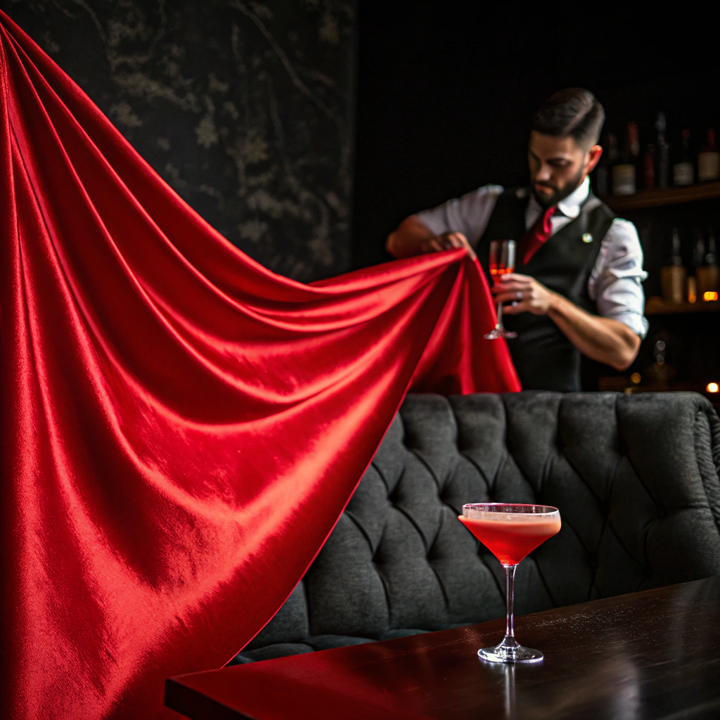 AI generated image by Red Panda AI: A piece of red silk cloth hanging on a sofa. Dark background. Cocktail flair