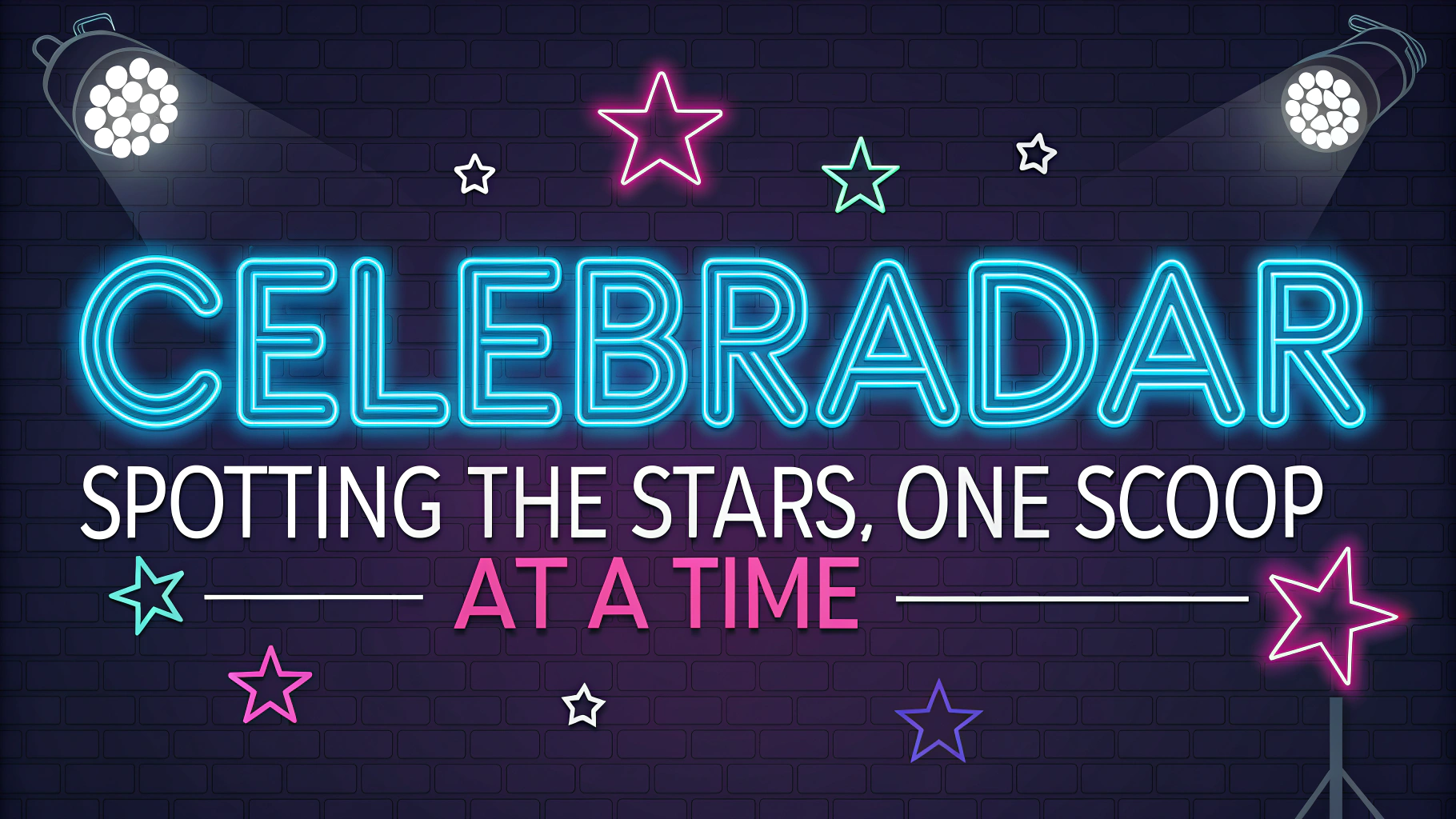 AI generated image by Red Panda AI: Create a YouTube banner for a celebrity gossip channel named 'CelebRadar' with the slogan 'Spotting the Stars, One Scoop at a Time.' Use vibrant colors like electric blue, pink, and purple to give it an energetic feel. The banner should include playful elements like stars, spotlights, or a radar icon subtly in the background. The text 'CelebRadar' should be bold and eye-catching, and the slogan should be smaller but visible below. The overall style should be modern, lively, and suitable for a gossip-focused brand