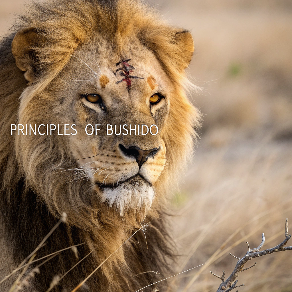 AI generated image by Red Panda AI: Create a fierce male lion with the kanji for the "Principles of Bushido" as scars on his face.