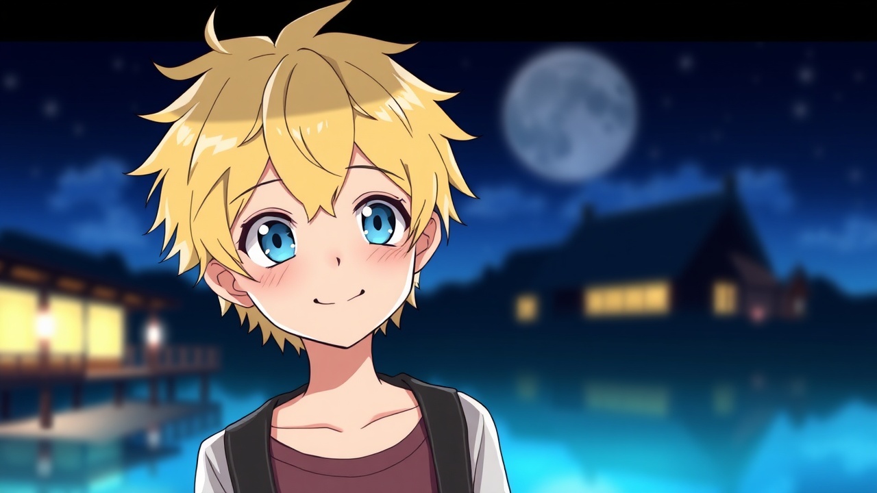 AI generated image by FLUX.1-schnell: Omori artstyle, blonde boy with blue eyes smiling at camera