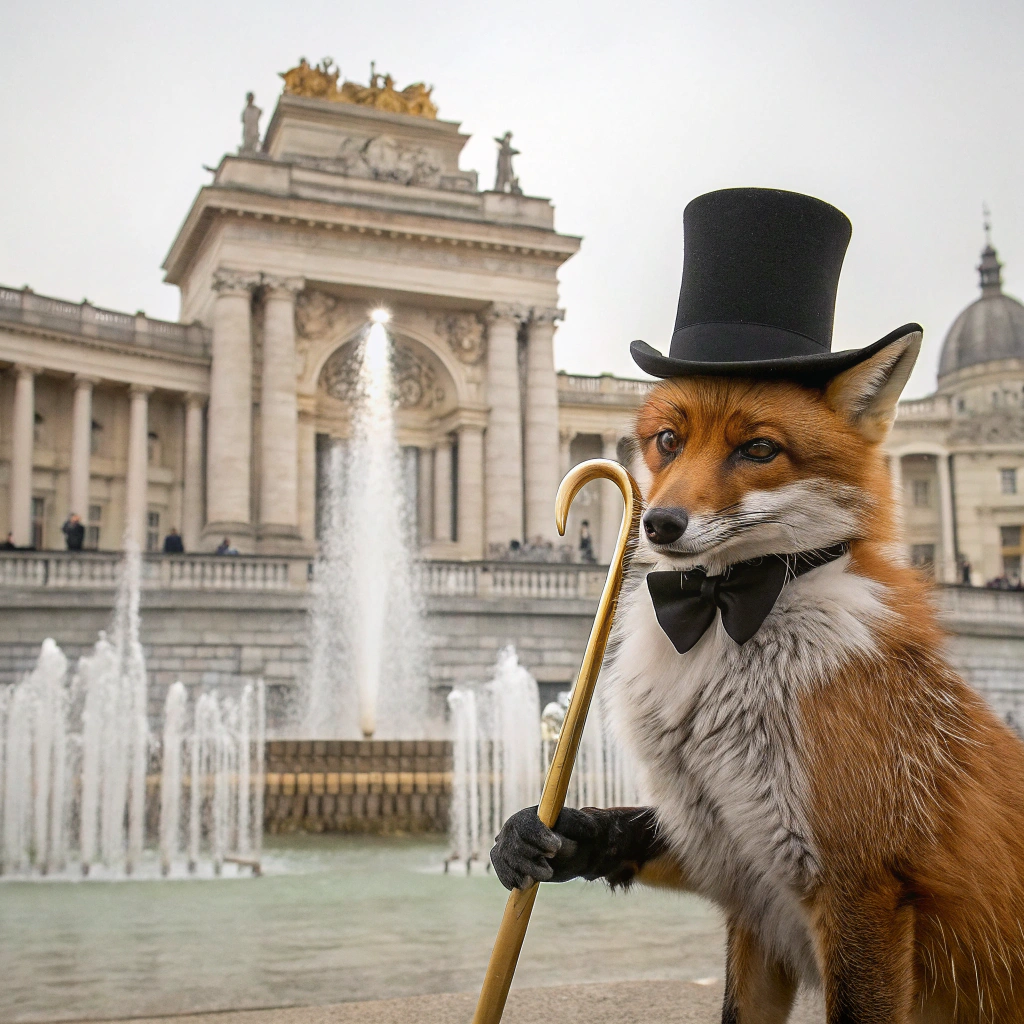 AI generated image by Red Panda AI: A fox wearing a monocle and top hat, holding a golden cane, stands in front of a grand palace with fountains
