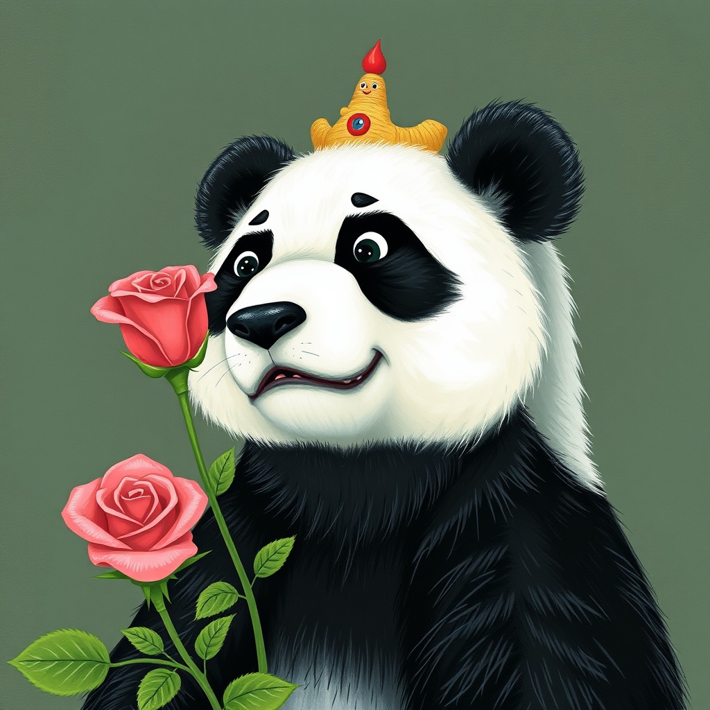 AI generated image by FLUX.1-schnell: un panda qui annonce une bonne nouvelle avec un arrière plan rose