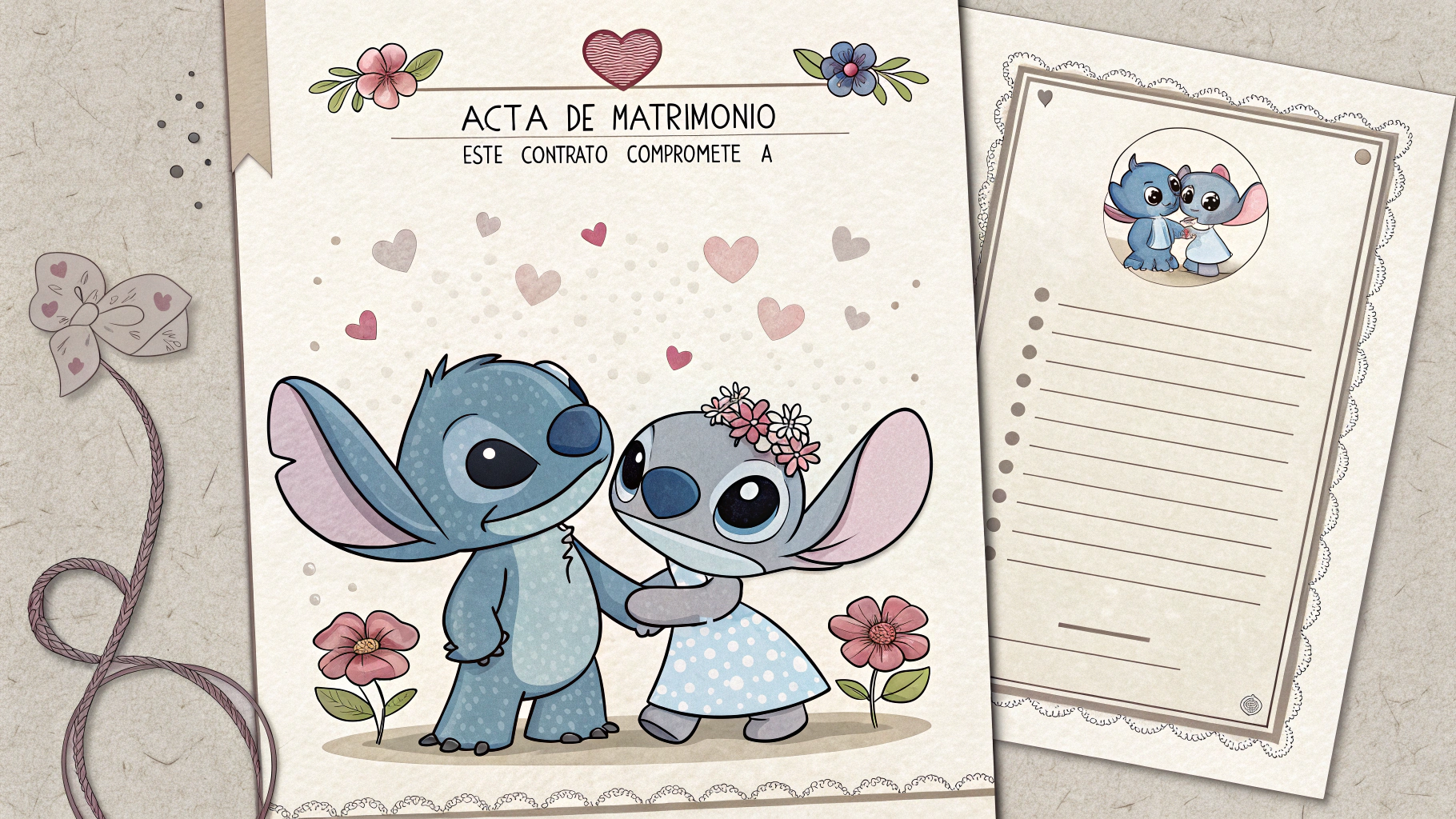 AI generated image by Red Panda AI: crea un acta de matrimonio adorable usando imagenes adorables de stich pero que paresca de pinteres el acta de matrimonio, y que el acta de matrimonio diga: ACTA DE MATRIMONIO
Este contrato compromete a __________ de __________ con __________ en la fecha del __________ de __________, para estar en sagrado matrimonio ♡
Así se juran lealtad la una a la otra, apoyándose y amándose para siempre ♡
__________ Novia
__________ Novia
__________ Testigo de la novia
__________ Testigo del novio