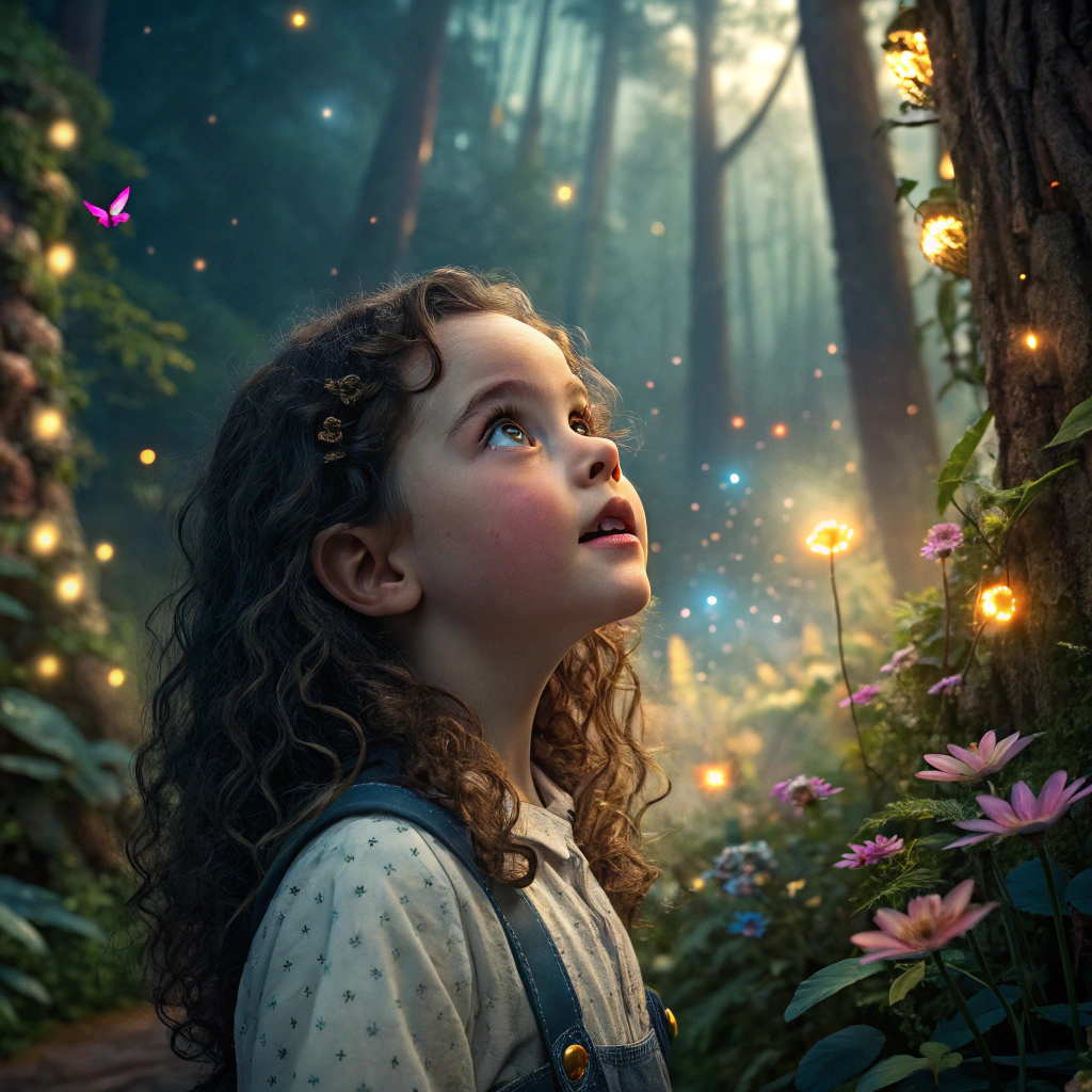 AI generated image by Red Panda AI: a girl with brown curly hair,blue eyes,at forest,3d animation,disney inspired