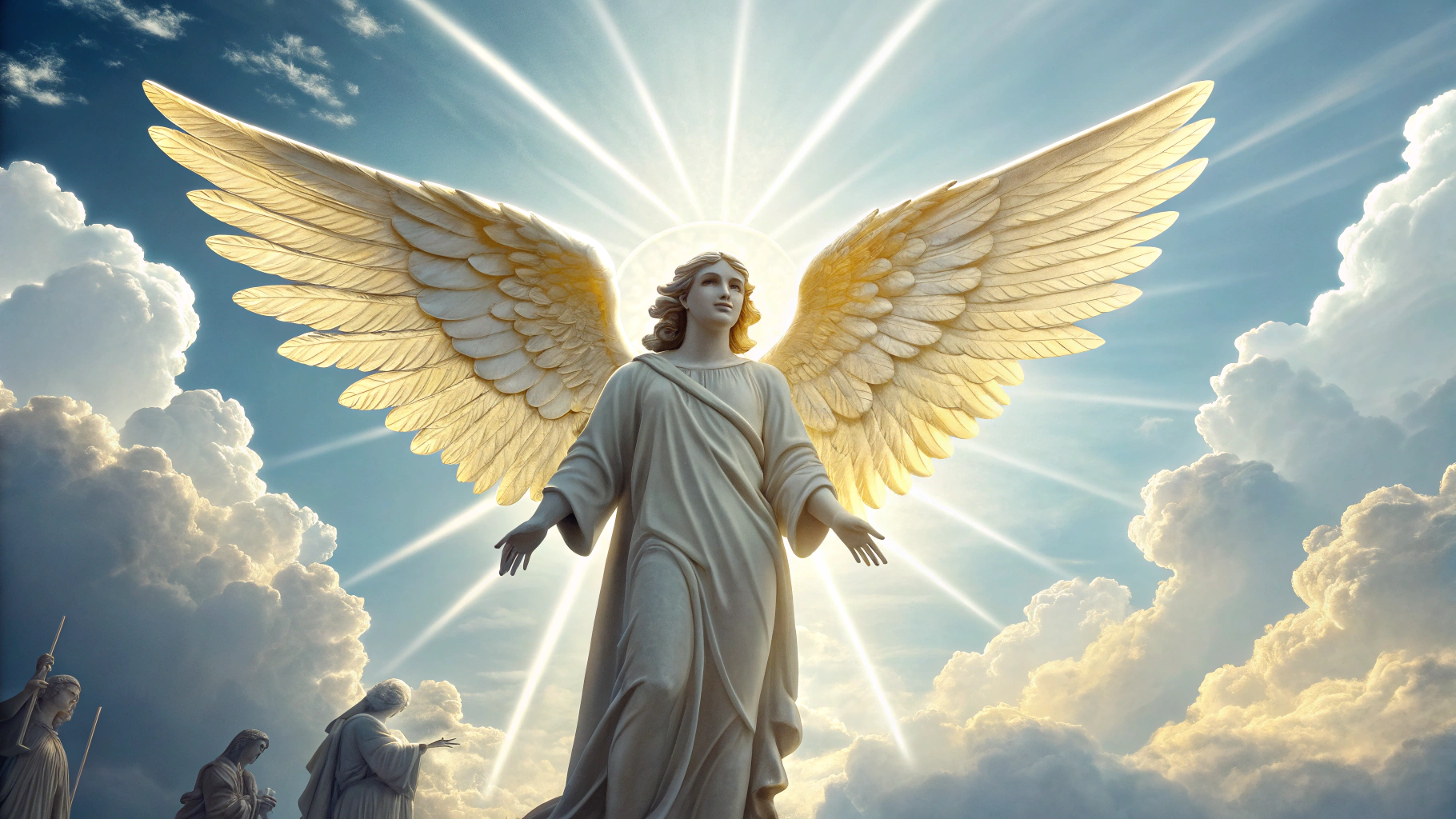 AI generated image by Red Panda AI: Un ángel resplandeciente, con alas brillantes y una figura imponente, rodeado de luz celestial. Su rostro refleja perfección y sabiduría, y su postura transmite una sensación de honor y dignidad en el cielo, rodeado de otras figuras angelicales.