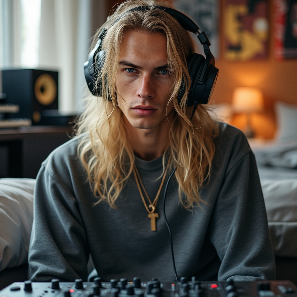 AI generated image by FLUX.1-pro: Professional photo Young male model, model nose, blonde long hair rapper musician, with Sony-headphones, mixing music on his Yamaha-mixer in his studio apartment couch, blurry background with music instruments, bed, posters and apartment interior