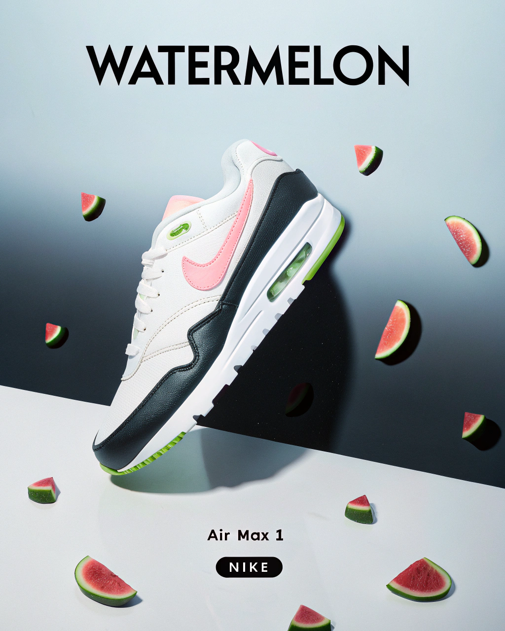 AI generated image by Red Panda AI: Image is a vibrant and colorful digital advertisement featuring a Nike Air Max 1 sneaker with a watermelon theme. The layout is dynamic, with the sneaker prominently displayed in the center, angled slightly to the right. The shoe is designed with a pink swoosh and green accents and white base. Surrounding the sneaker are stylized illustrations of watermelon slices and droplets, enhancing the theme. The background is a gradient of teal and pink, adding to the summery feel. At the top, bold text reads 'WATERMELON' in a white, modern font, with 'WATERMELON' in smaller text below. The Nike logo is visible near the bottom of the image in white. The overall design is playful and eye-catching, appealing to a youthful audience.