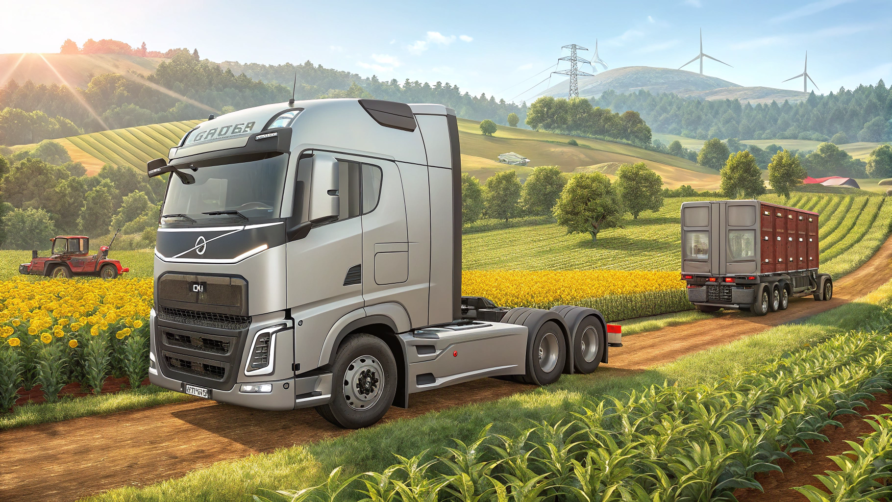 AI generated image by Red Panda AI: CREAME UNA IMAGEN DONDE LA TEAMTICA SEA EL NUEVO CAMION VOLVO ELECTRICO QUE COMPRAMOS EN FARMING SIMULATOR 2025 