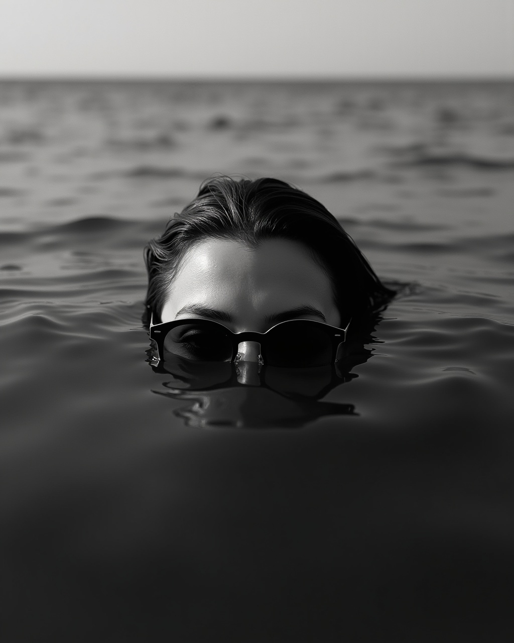 AI generated image by FLUX.1: A black and white photo of a woman's head just above dark water, sunglasses partially submerged. The camera is low, parallel to the water