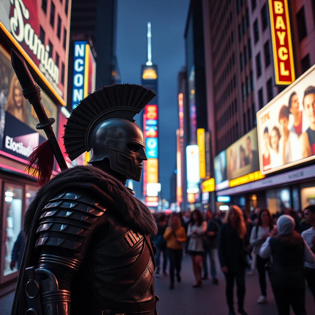 AI generated image by FLUX.1-schnell: un gladiatore nella citta di new york affollata di gente con luci al neon bianche e blu