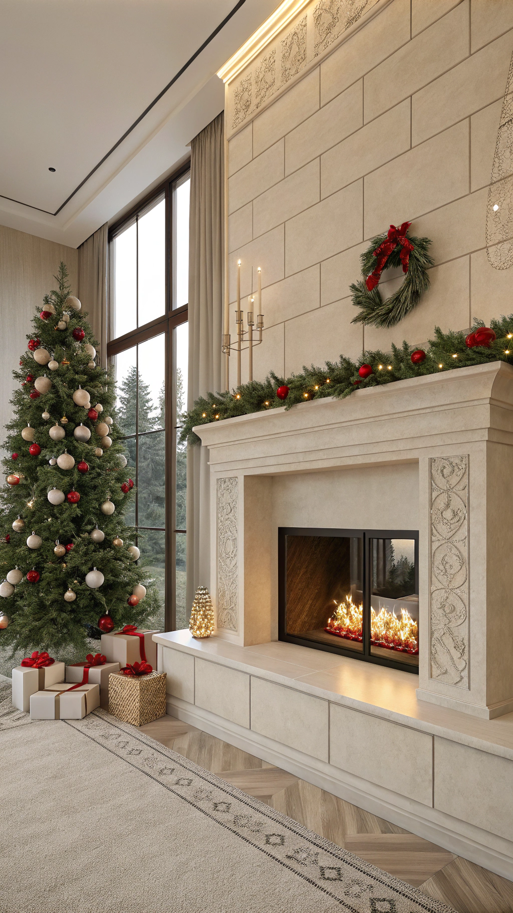 AI generated image by Red Panda AI: haz un fireplace de cast stone de estilo moderno con motivos navideños de decoración y con un árbol de navidad a la izquierda