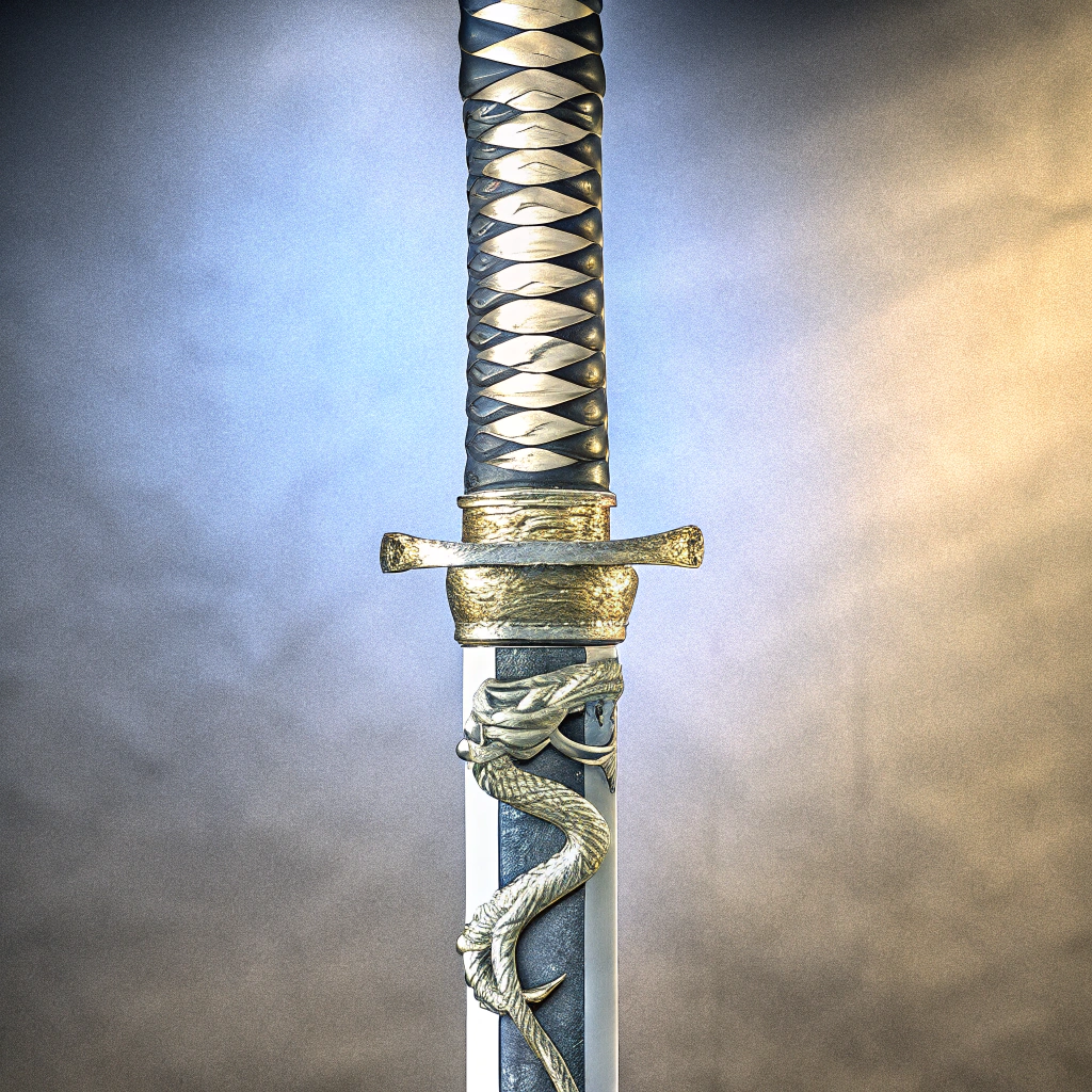 AI generated image by Red Panda AI: Un katana en acier damas disposé verticalement avec un dragon, exactement celui de la marque MSI, enroulé autour du katana, le tout sur un fond dégradé de couleur sombre