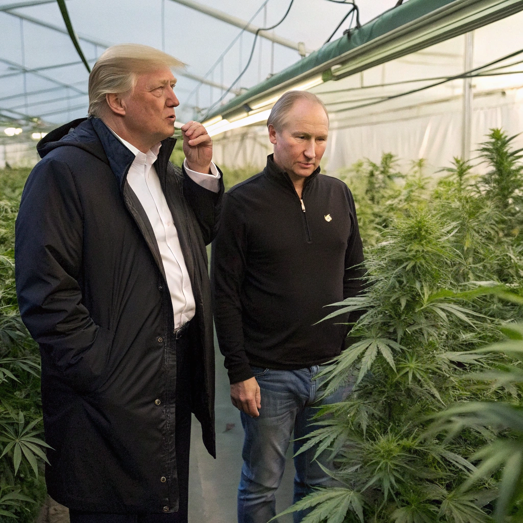 AI generated image by Red Panda AI: DONALD TRUMP FUMANDO MARIHUANA CON PUTIN EN UN CULTIVO DE MARIHUANA
