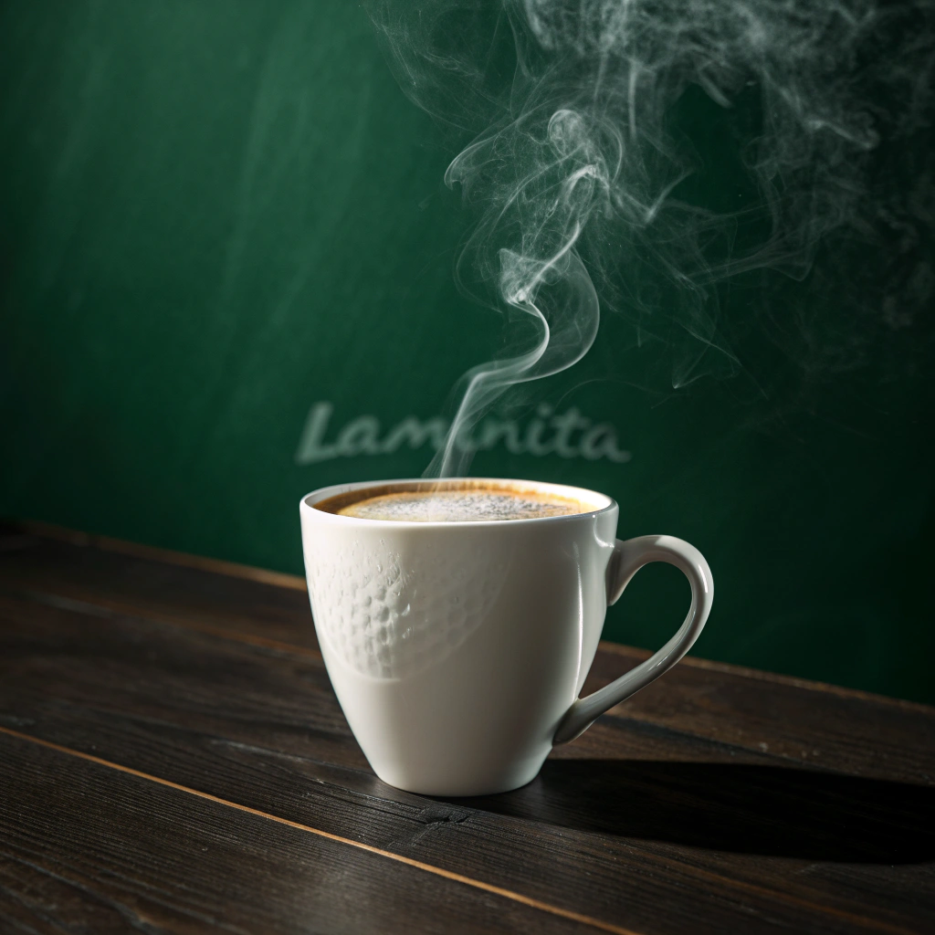 AI generated image by Red Panda AI: a white glossy latte coffee cup. The background is dark green. It is on a wooden dark table. The smoke from the coffee inside the cup is rising upwards. The word LAMINITA comes out of the smoke. The word LAMINITA is written in the smoke. Very realistic, cinematic image, cinematic lighting.