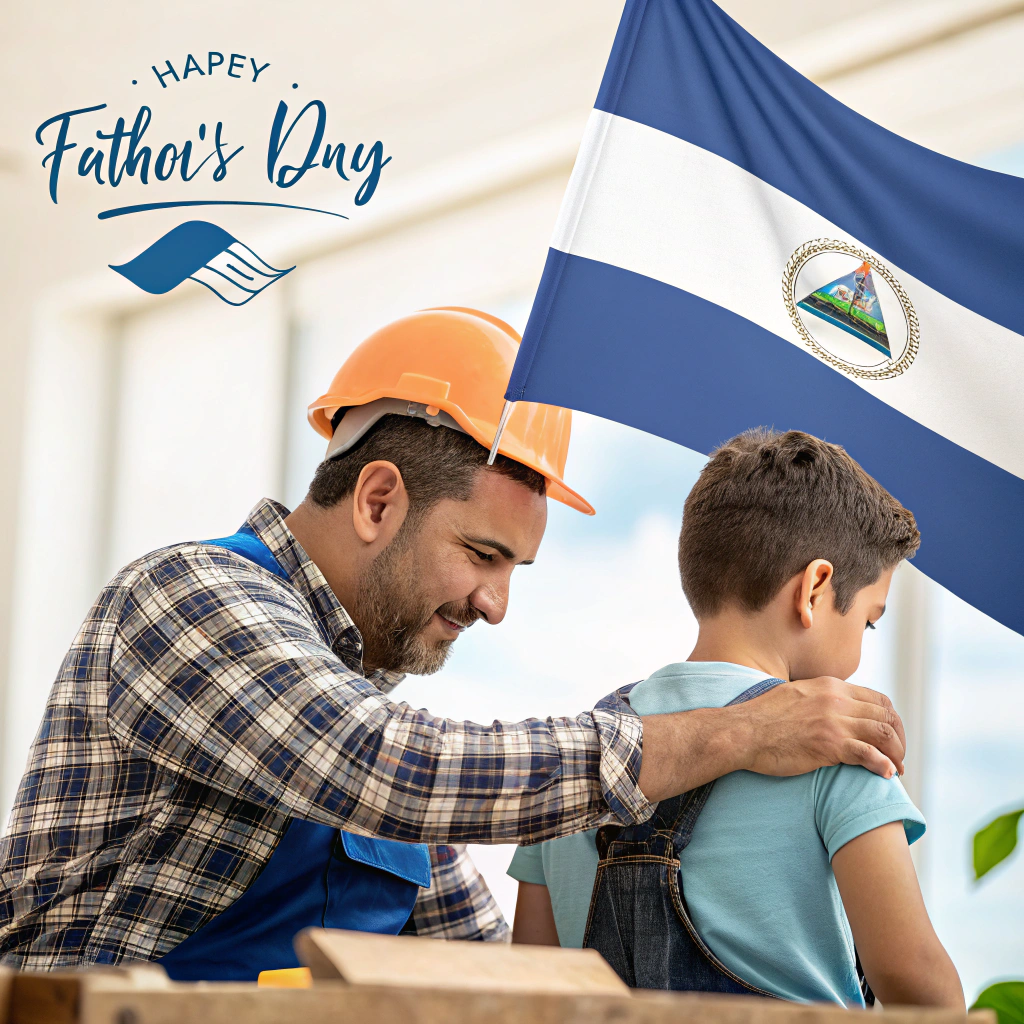 AI generated image by Red Panda AI: A commemorative image for Father’s Day in Nicaragua. Show an adult father and son sharing a moment of mutual support and connection (such as working together or a friendly pat on the shoulder), in a warm and realistic setting. Include the flags of Nicaragua and Paraguay waving together in the background, subtly blended into the environment. 