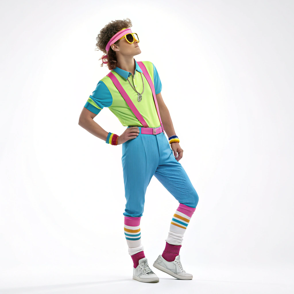 AI generated image by Red Panda AI: un personaje de generacion X vestido con prendas de los 80 el fondo debe ser blanco pleno
