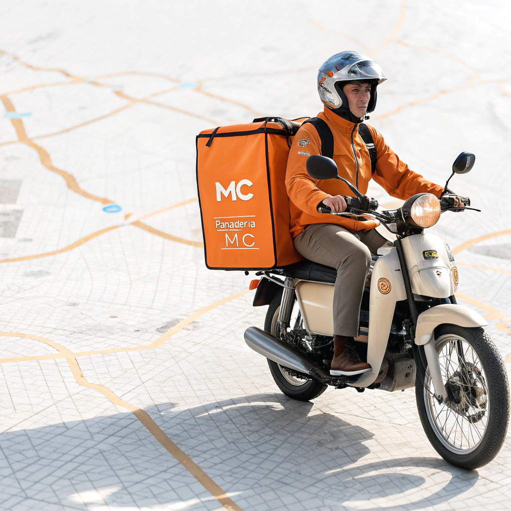 AI generated image by Red Panda AI: An illustration of a bread delivery person riding a light-colored motorcycle (#f7f7f7), designed with a clean and dynamic style. The delivery backpack is bright orange (#ff6600) and prominently features the initials 'MC' as the logo. The motorcycle includes the text 'Panadería MC' in orange (#ff6600) on its side. The delivery person wears a full-face helmet for safety, matching the professional look. The composition incorporates delivery map elements such as location pins, dotted routes, and directional arrows, subtly integrated into the design. The overall aesthetic is professional and vibrant, with the delivery person appearing focused and ready. The background should remain transparent.