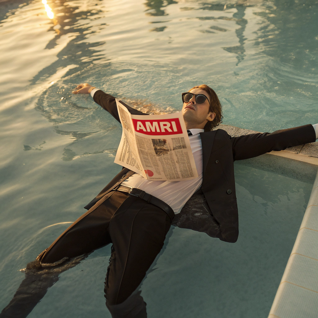 AI generated image by Red Panda AI: Cinematic fashion editorial shot of a man floating on his back in a luxurious swimming pool, arms relaxed, wearing a black suit and sunglasses. His face is fully covered by a folded newspaper with a large bold red "AMIRI" logo across the front page. The water reflects golden hour light, casting warm ripples and soft shadows. The image has faded dusty tones, vintage 90s film texture, and subtle grain, photorealistic --ar 9:16 --profile i6gw5ks --stylize 150