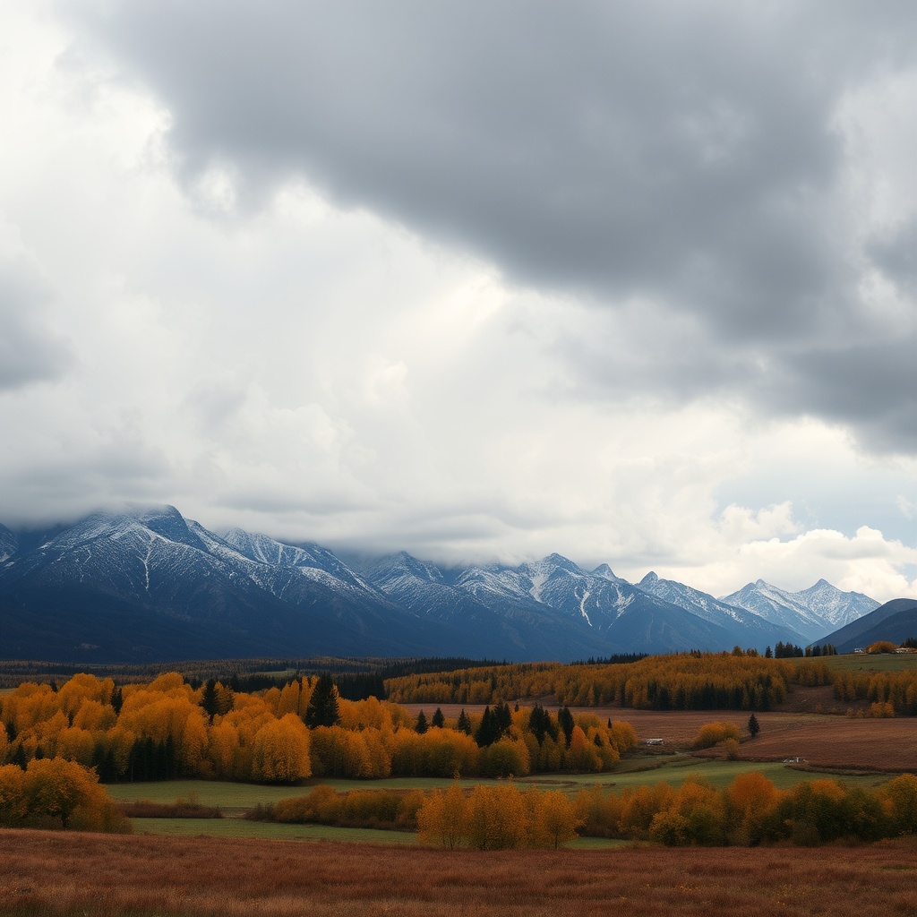 AI generated image by FLUX.1-schnell: A white stormy sky overlooking autumn fields with fantasy mountains in the background 