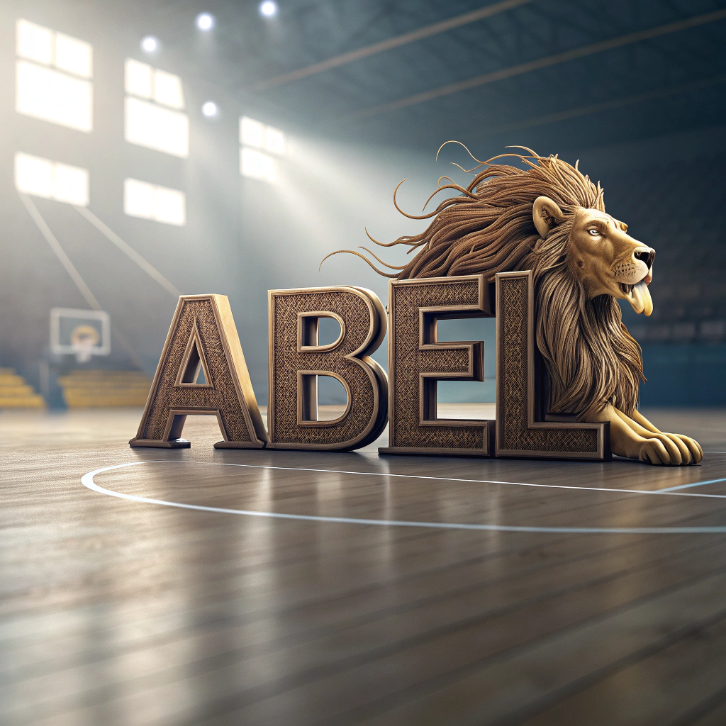 AI generated image by Red Panda AI: haz una imagen con el nombre ABEL, con textura de pelo de leon, luz cinematografica, fondo desenfocado de una cancha de basket
