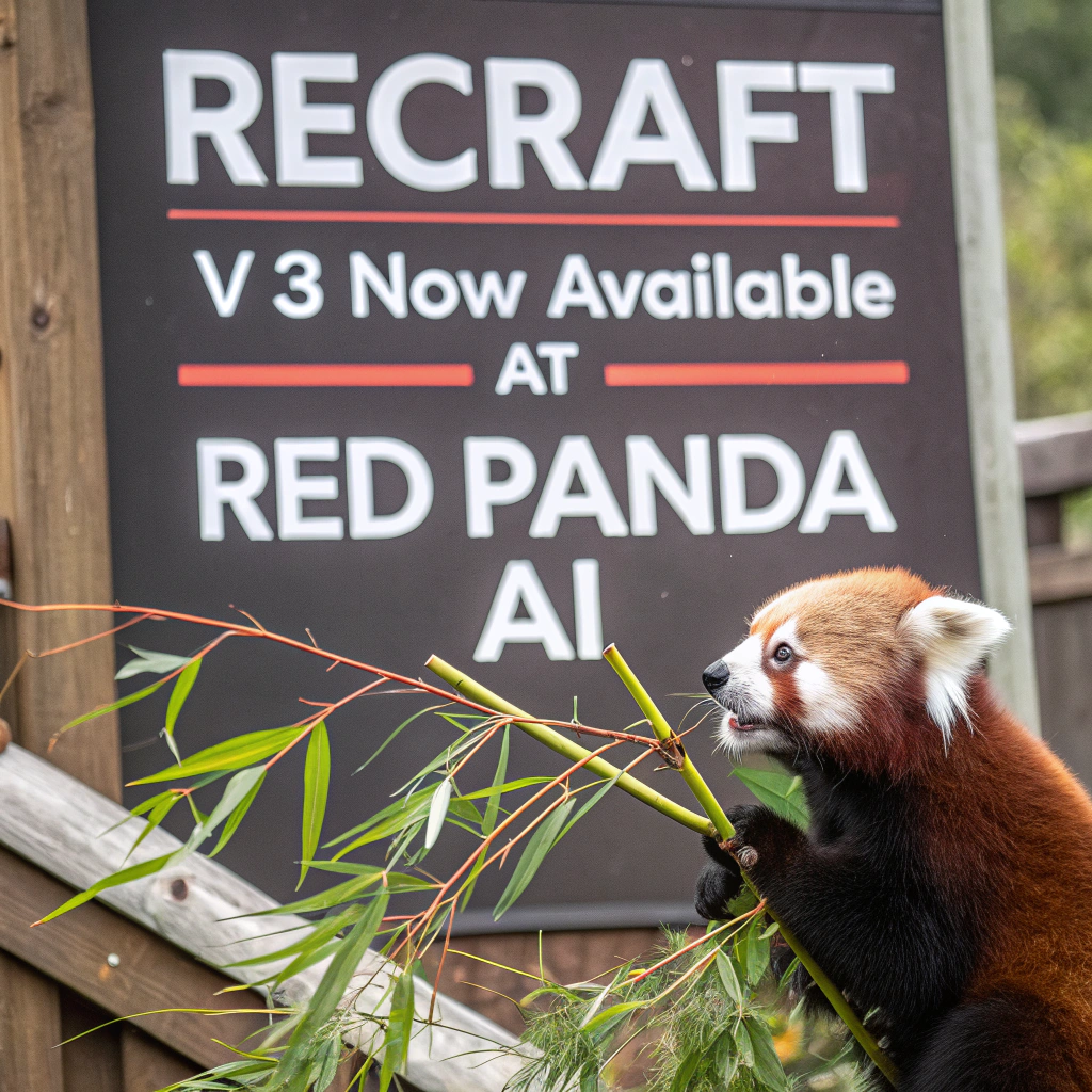 AI generated image by Red Panda AI: a red panda eating a bamboo in front of a poster that says "recraft V3 now available at red panda ai