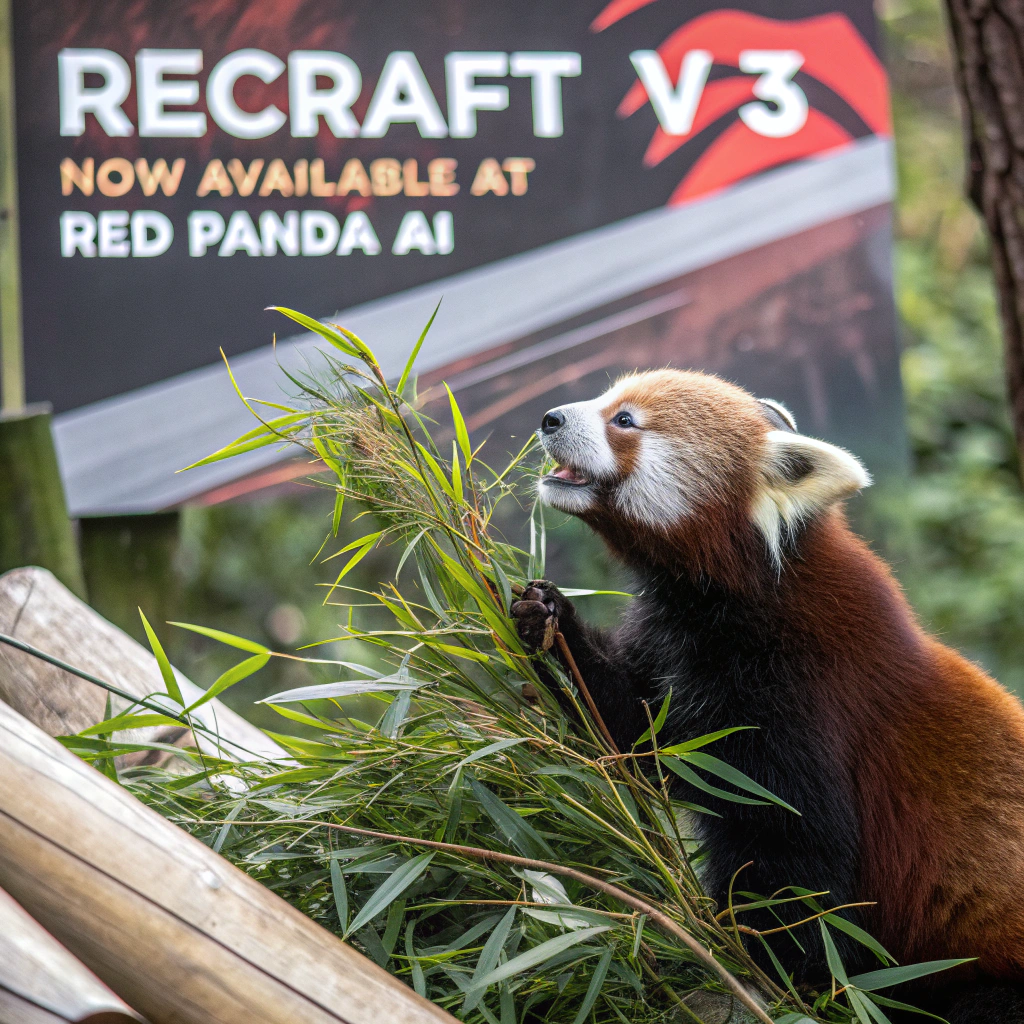 AI generated image by FLUX.1-schnell: a red panda eating a bamboo in front of a poster that says "recraft V3 now available at red panda ai