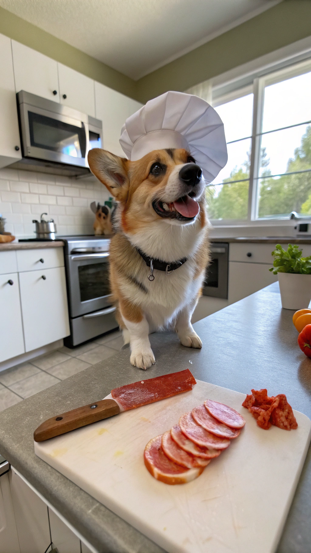 AI generated image by Red Panda AI: real life wide angle iphone video of a standing smiling corgi wearing a white chef's hat, holding a knife with one paw, and slicing into an italian sausage with the knife. Scene is a basic american kitchen during the day.
