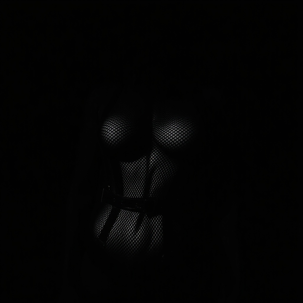 AI generated image by FLUX.1-schnell: A gritty, realistic photograph of a woman's body obscured by deep shadows against a dark wall. She is wearing a mesh bodysuit and heavy leather cuffs. Only the silhouette of the straps and the texture of the gear are visible due to extreme high-contrast lighting. No facial features are discernible in the dark. Film noir aesthetic, raw texture, candid style.