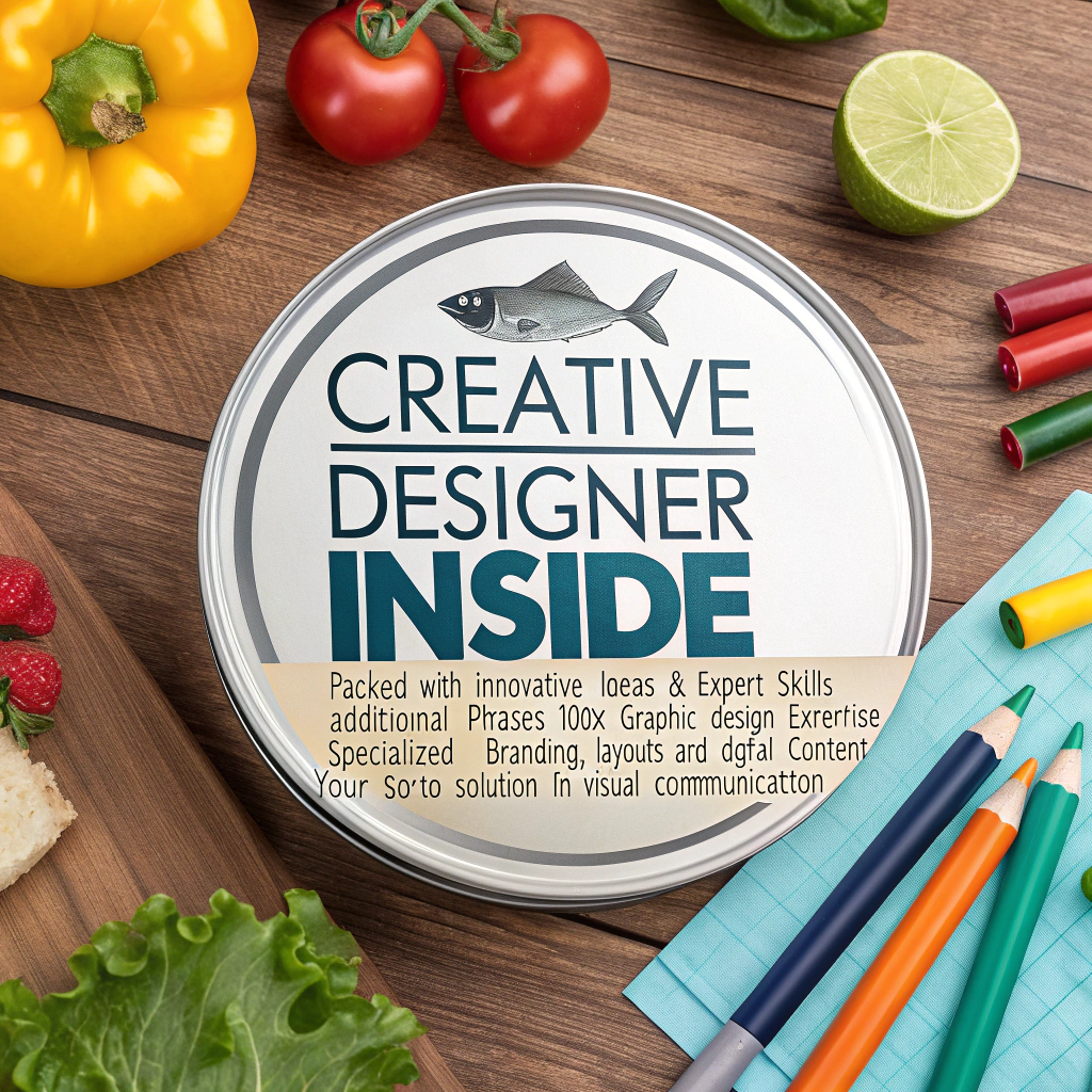 AI generated image by Red Panda AI: "A realistic image inspired by a canned tuna design but customized for a creative CV cover. The focus is on a circular sardine can placed on a wooden table surrounded by fresh vegetarian ingredients, such as bell peppers, tomatoes, lettuce, lime, and markers and colored pencils, and an eraser. The can label features a clean, modern design with the following text:
* 'Creative Designer Inside' (main title),
* 'Packed with Innovative Ideas & Expert Skills' (subtitle),
* Additional phrases like '100% Graphic Design Expertise' and 'Specialized in Branding, Layouts, and Digital Content'.
* The tagline reads: 'Your Go-To Solution for Visual Communication'.
* Lighting: Soft and natural.
* Depth of field: Shallow, with a wide-angle perspective.
* View: 3/4 view of the can, closely matching the reference style.