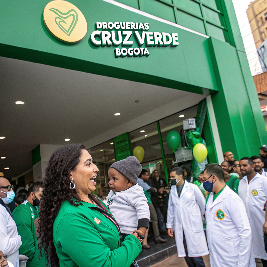AI generated image by Red Panda AI: Por favor crea una campaña publicitaria invitando a la inauguración de un nuevo punto de Droguerías Cruz Verde en Bogotá, debe predominar el color verde, quiero personas latinas con bata blanca y una mujer con un bebe moreno de brazos el letreo debe ser en español y debe haber una banda de musica
