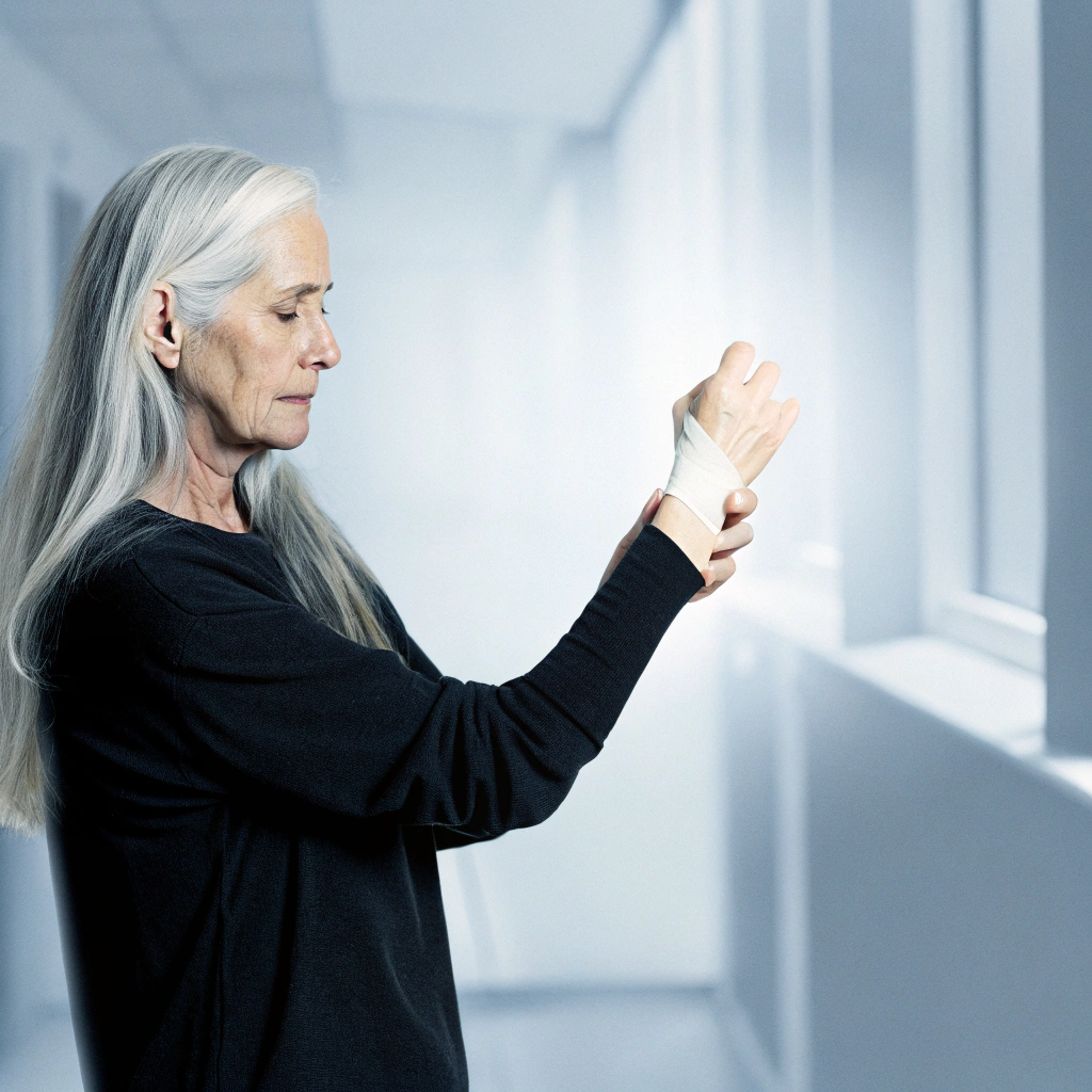 AI generated image by Red Panda AI: Subject: A woman in her 50s, standing up with a slight profile view. She has long, flowing grey hair and one can't see her face as she holds her right forearm while here  left palm face up, suggesting pain due to a fragility fracture.

Pose: Her body is slightly angled to the side, with her arm extended and her hand tightly gripping her forearm, emphasizing the area.

Background: A hospital corridor. You could include soft abstract shapes or gentle light flares to add depth.

Lighting: Soft, diffused lighting that highlights the subject's features without harsh shadows, giving a realistic and compassionate feel.

Tone: The overall mood should evoke a sense of awareness and empowerment regarding bone health

The image must look like a real photograph, with slightly blurred background
