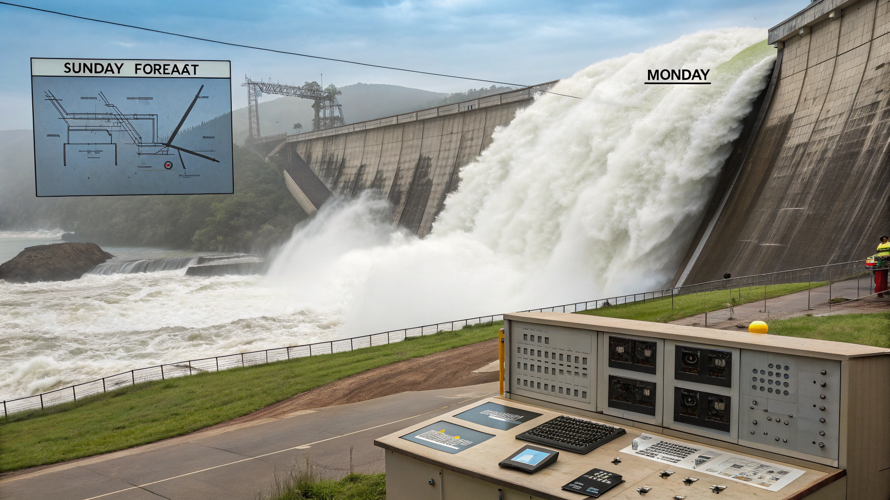 AI generated image by Red Panda AI: A striking illustration of a dam with a small crack that was expected to lead to a minor, controlled release of water. However, instead of the anticipated trickle, the entire dam has dramatically burst open, releasing a powerful torrent of water that far exceeds what observers predicted.
On the left side of the image, engineering diagrams and monitors show the expected minor breach with modest water flow predictions. These would be labeled "Sunday Forecast" with measurement lines indicating the anticipated water levels.
On the right side, reality unfolds as the massive wall of water crashes through, completely overwhelming the measurement instruments. A small sign reading "Monday" is being swept away in the current.
In the foreground, observers with clipboards and cautious expressions look utterly shocked at the scale of the water's momentum, while their carefully calculated projections are being drenched and washed away.