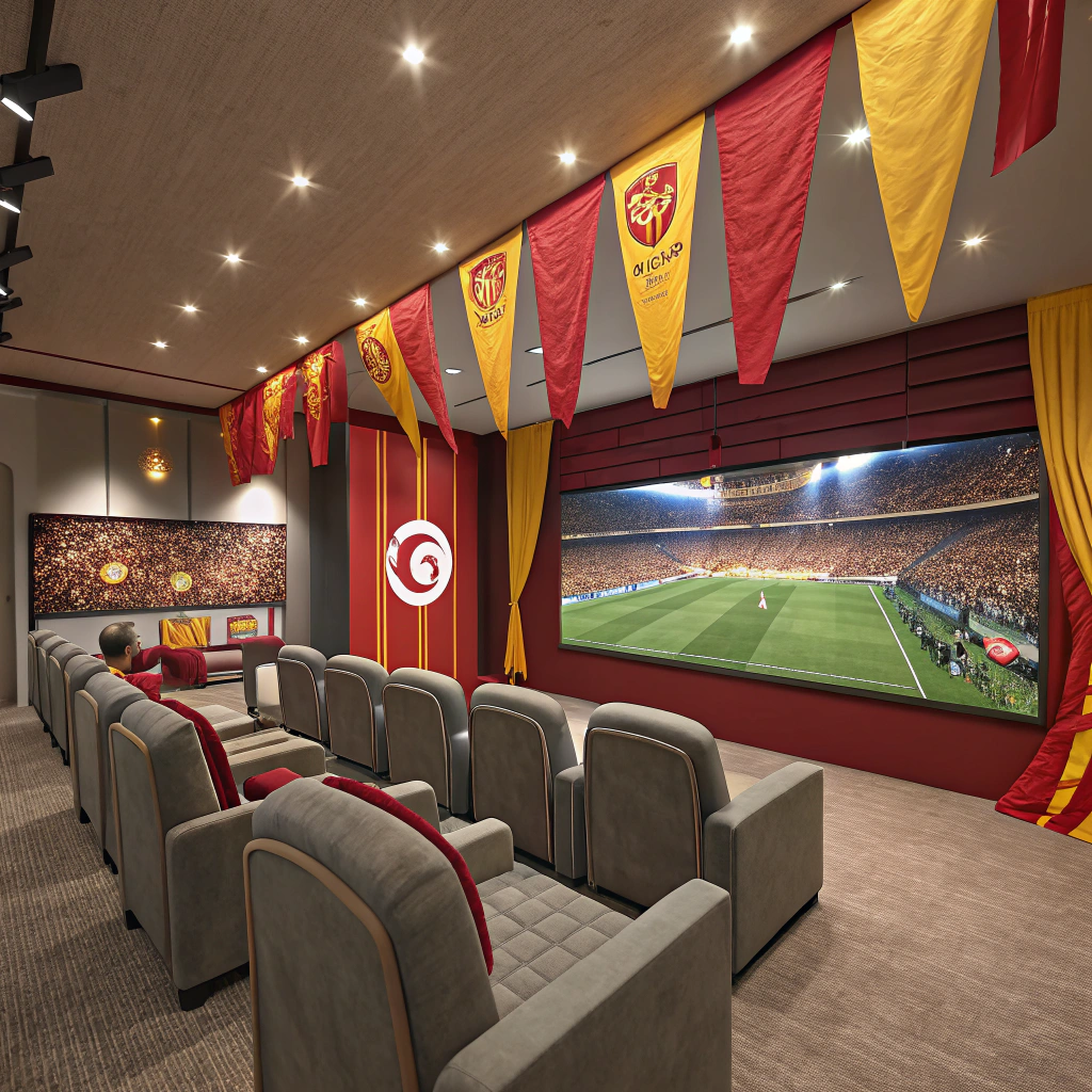 AI generated image by Red Panda AI: A fan room of Galatasaray club. In the room there is a screen playing to watch a football match. Dozens of fans are sitting on comfortable chairs watching the Galatasaray match. The room is decorated with red and yellow flag of Galatasaray.