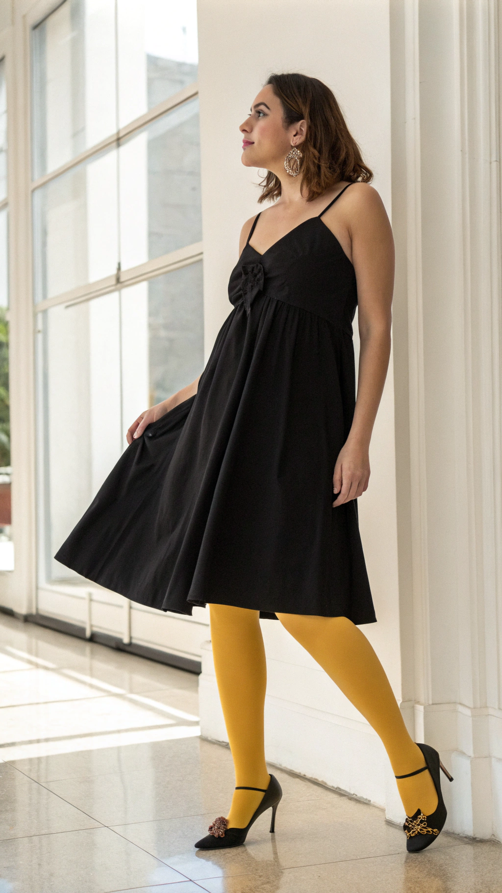 AI generated image by Red Panda AI: photo of woman in black dress and yellow pantyhose